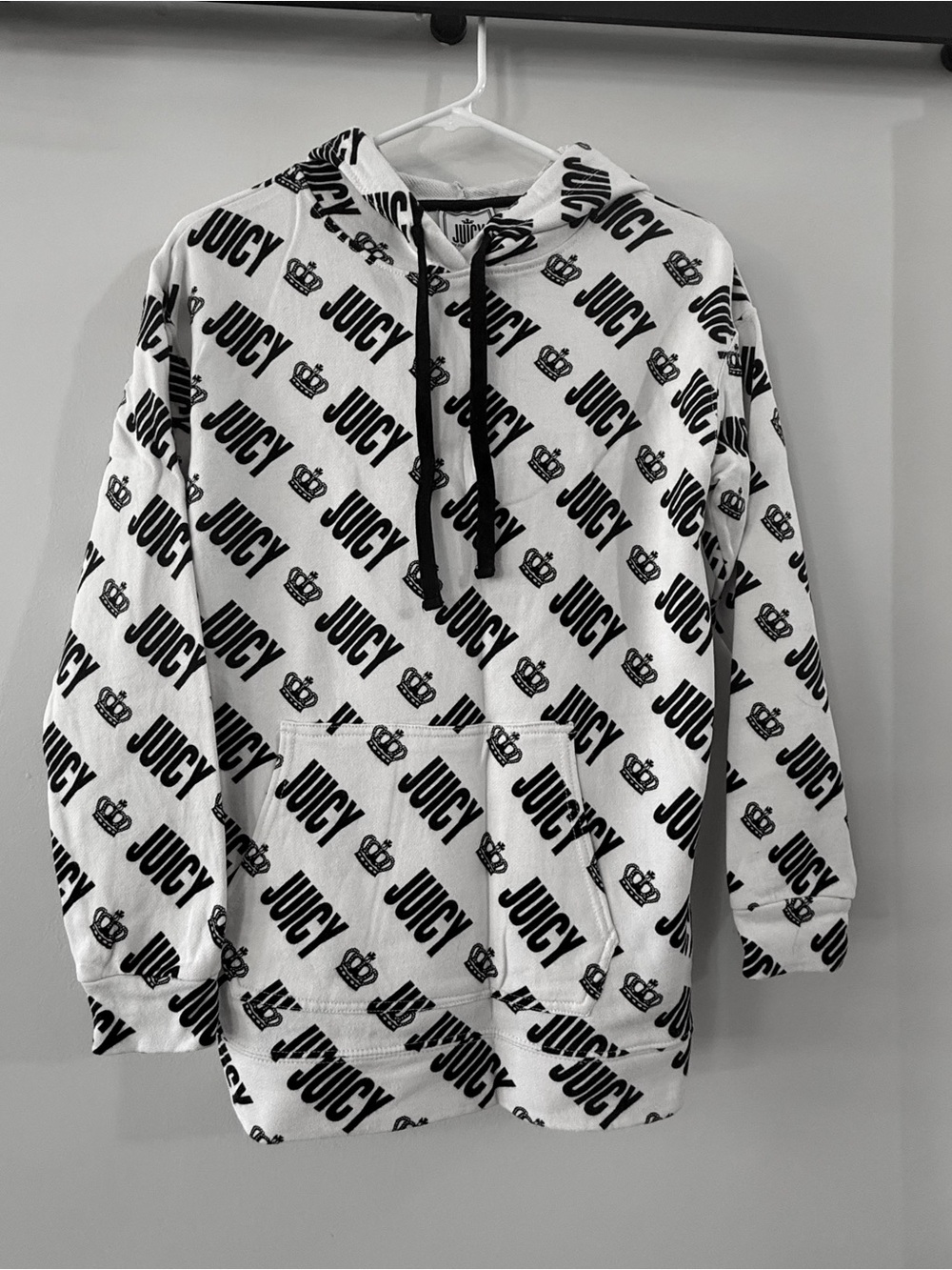 Juicy Couture White Crown Hoodie with Black All-Over Diagonal Logo